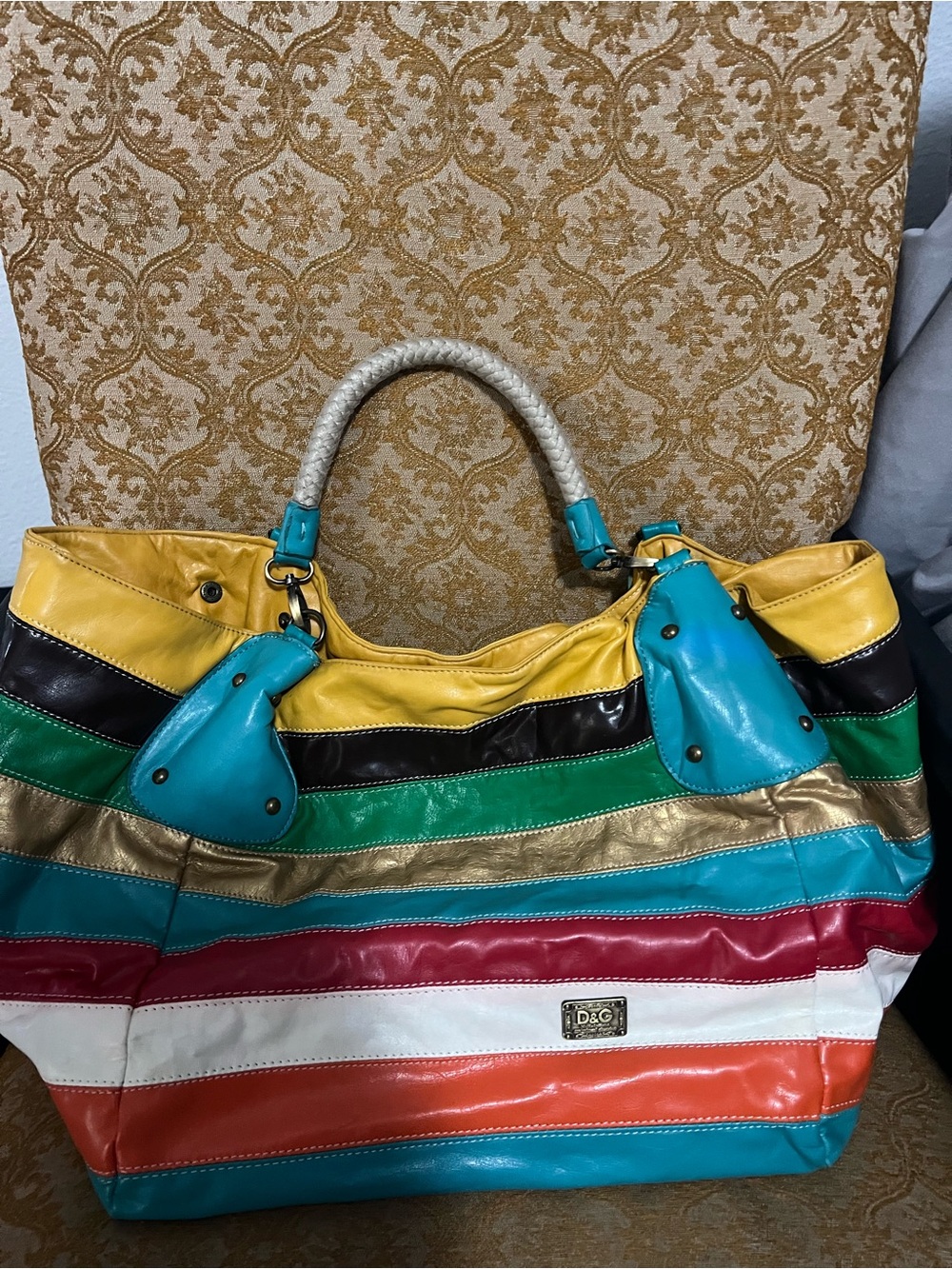 D&G Multicolor Striped Leather Tote with Braided Handles
